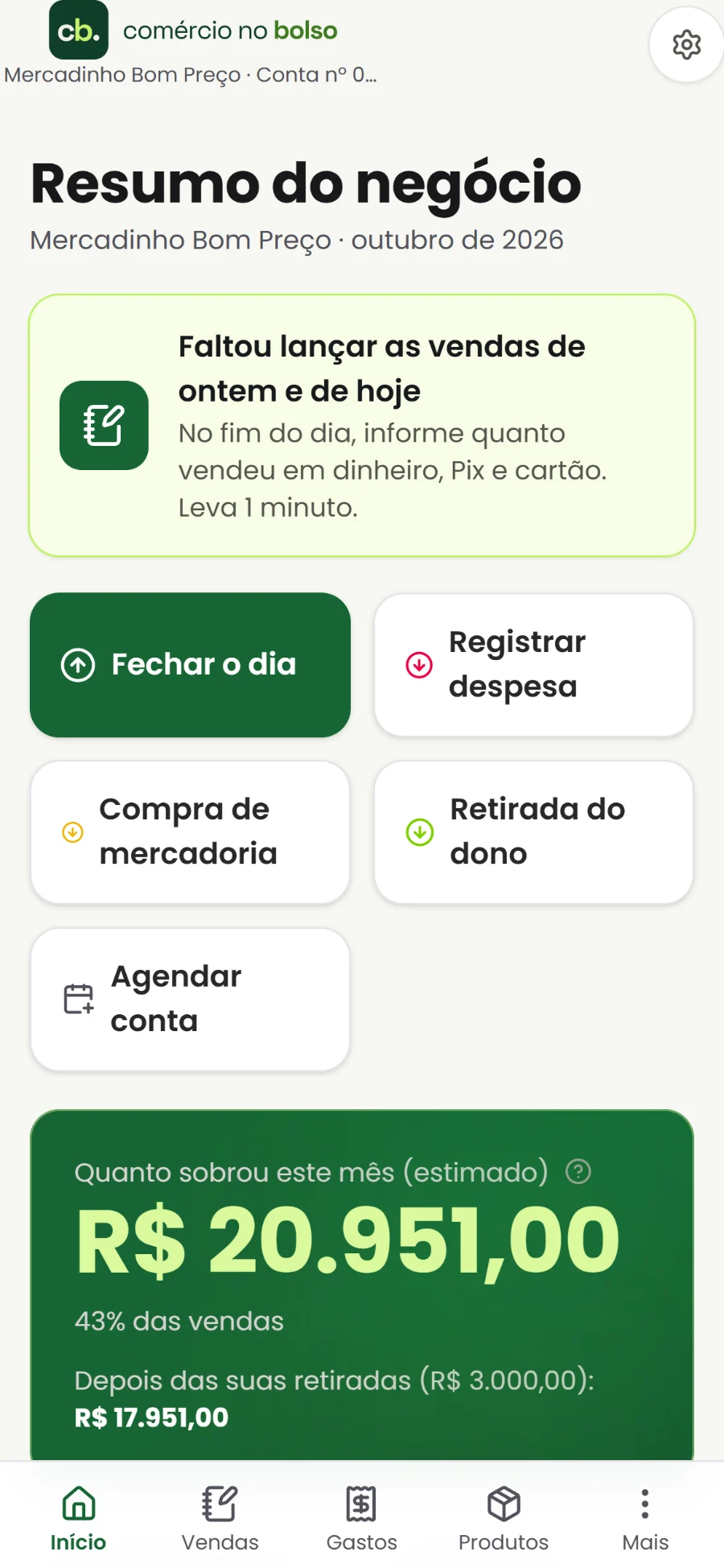 Tela inicial do Comércio no Bolso